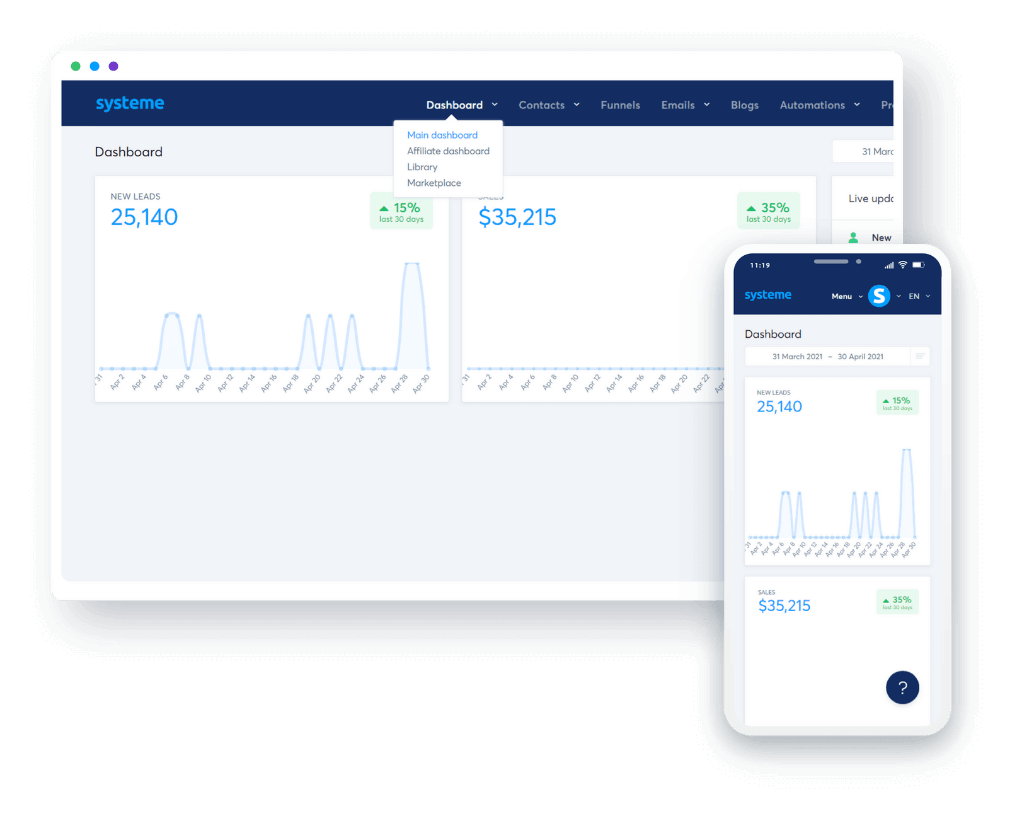 systeme.io's dashboard on PC and mobile