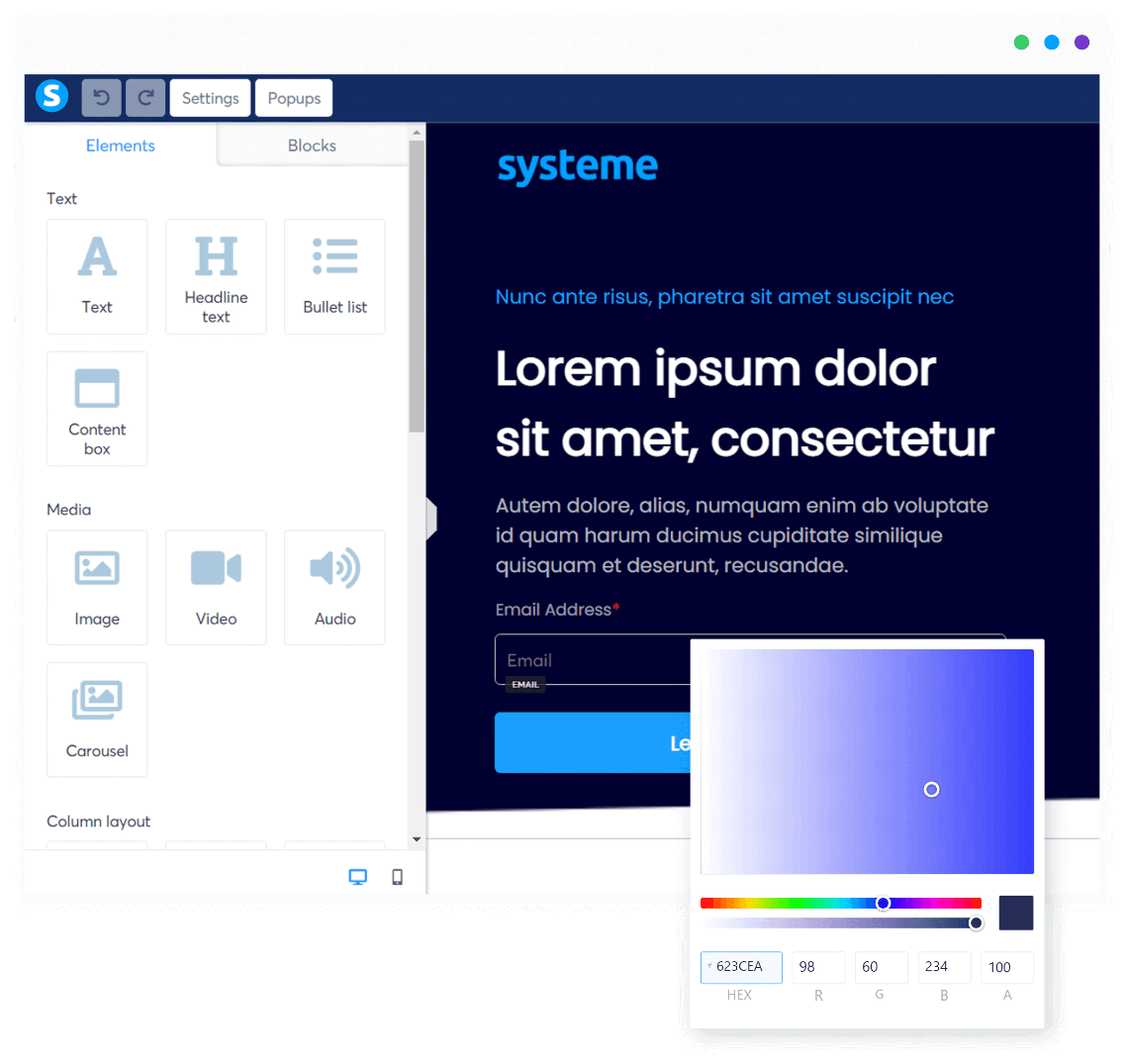 systeme.io's editor with color picker